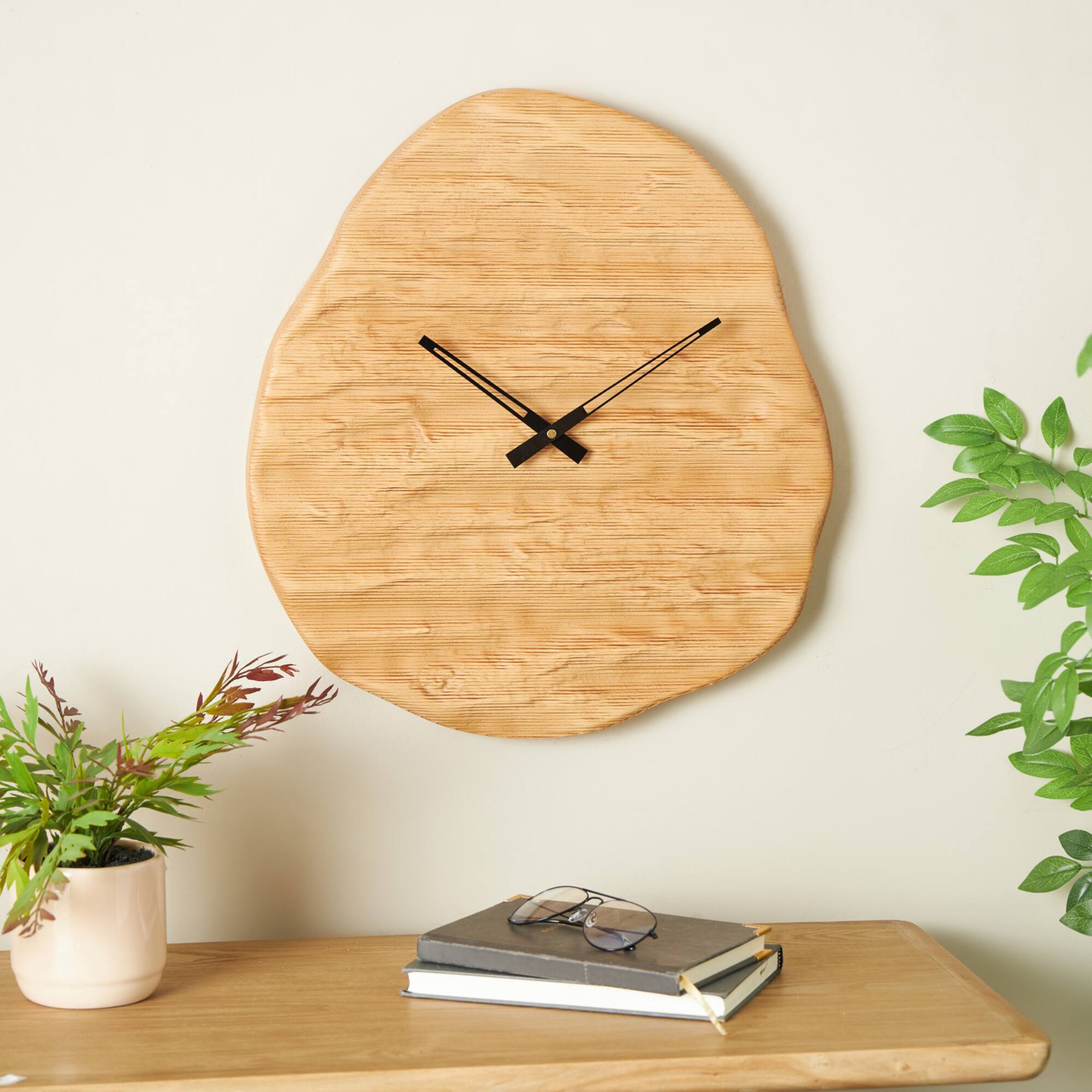 19" x 20" Brown Wood Wavy Decorative Wall Clock with Black Accents